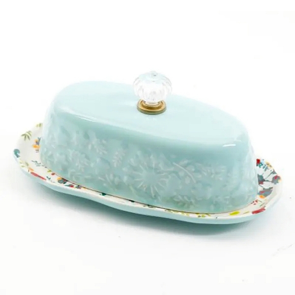 Pale blue turquoise floral stoneware butter dish by Pioneer Woman - Picture 1 of 2